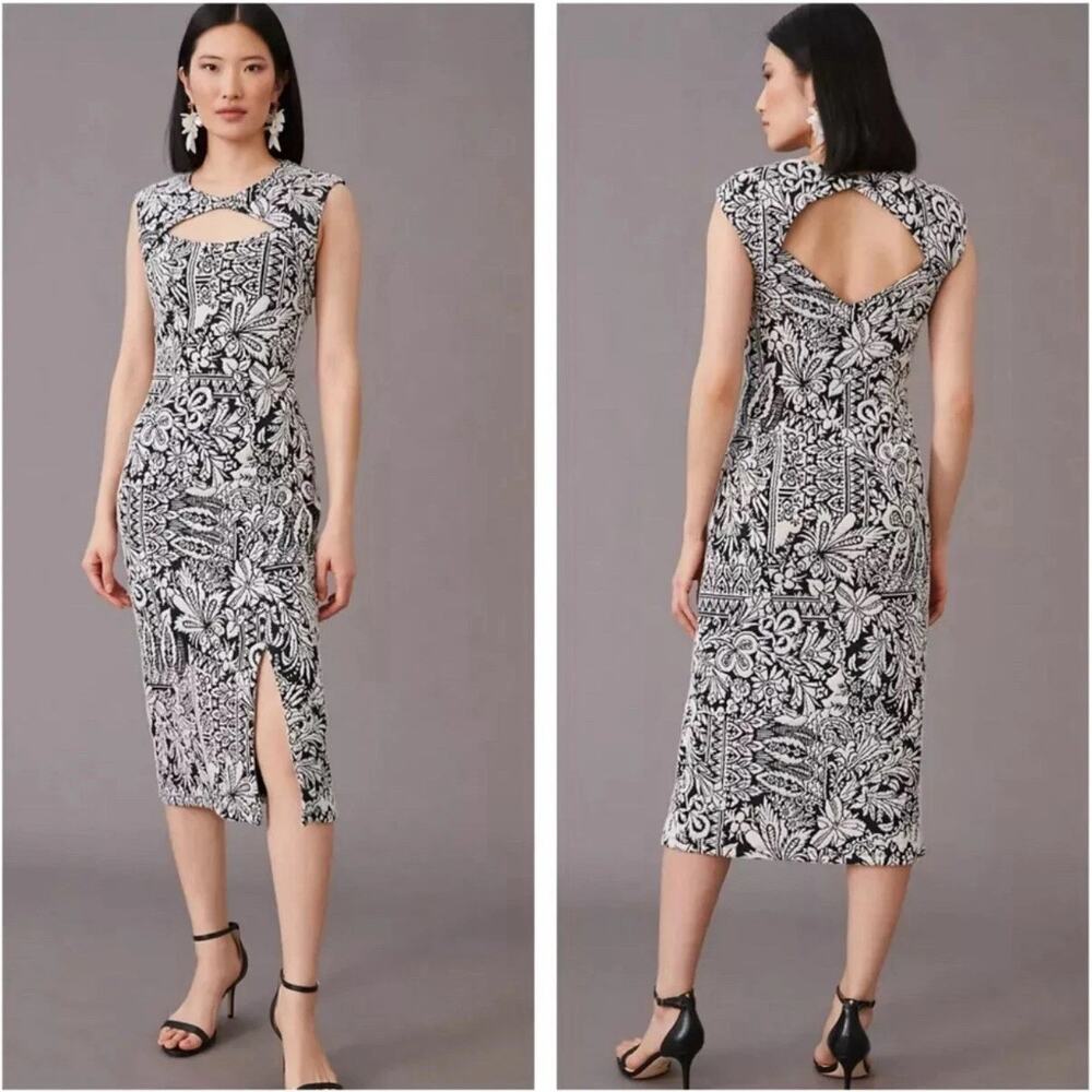 Black & White Floral Cutout Midi Dress